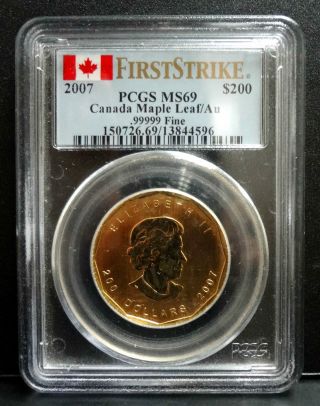2007 Canada Maple Leaf $200 1 Oz.  99999 Fine Gold Coin Firststrike Pcgs Ms 69 photo