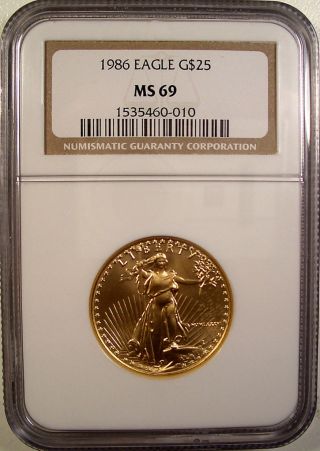 1986 $25 Gold Eagle Coin Bullion Ngc Ms 69 Lqqk Rare 1/2 Oz.  Fine Gold photo