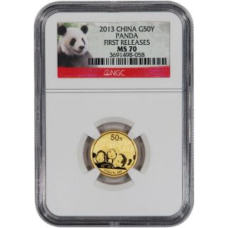 2013 China Gold Panda (1/10 Oz) 50 Yuan - Ngc Ms70 - First Releases - Red Label photo