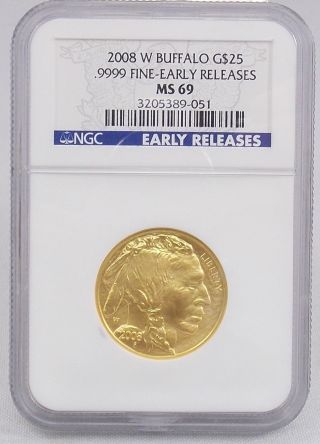 2008 W American Buffalo 1/2 Oz 24kt Pure.  9999 Gold $25 Ngc Ms69 Early Releases photo