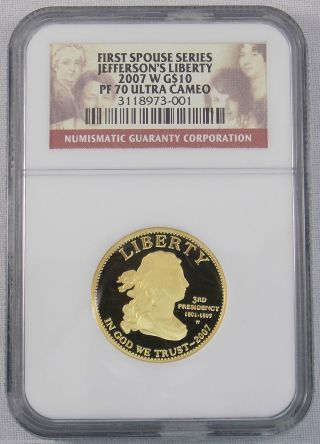 2007 - W $10 Gold 1/2 Oz.  First Spouse Jefferson ' S Liberty Ngc Pf70 Ultra Cameo photo