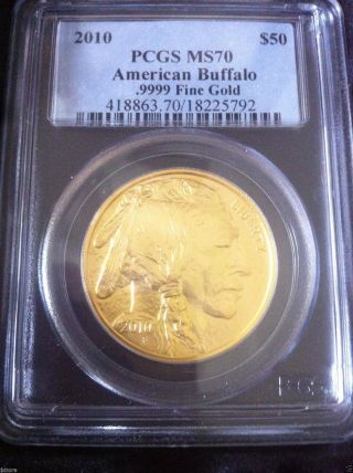 2010 $50 American Buffalo 1 Oz.  9999 Fine 24k Gold Pcgs Ms70 In Wood Display photo