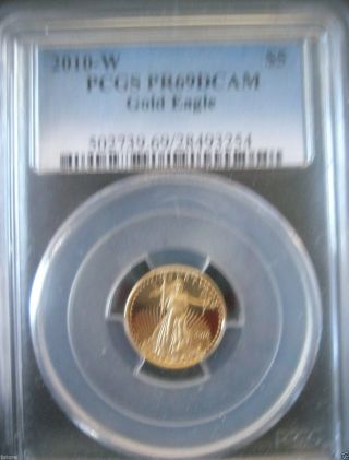 2010 - W $5 1/10th Oz Proof Gold American Eagle Pcgs Pr69dcam Key Date photo