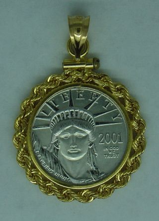 2001 1/10 Oz.  American Eagle Platinum Coin Pendant 14k Gold Twisted Rope Bezel photo