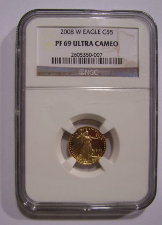 2008 - W Gold American Eagle $5 1/10 Ounce Fine Gold Ngc Pf69 photo