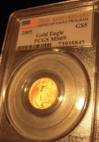2005 $5 Pcgs Ms69 1/10th Oz,  Gold American Eagle 20th Anniversary Issue photo