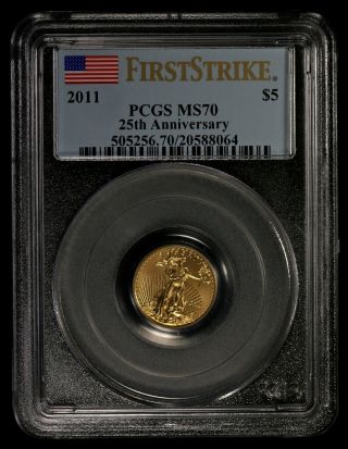 2011 Pcgs Ms70 First Strike 25th Anniversary 5 Dollar American Gold Eagle Ncn493 photo