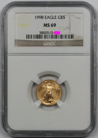 1998 Gold Eagle $5 Tenth - Ounce Ms 69 Ngc 1/10 Oz.  Fine Gold photo
