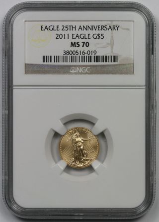 2011 Gold Eagle $5 Tenth - Ounce Ms 70 Ngc 1/10 Oz.  Fine Gold 25th Anniversary photo