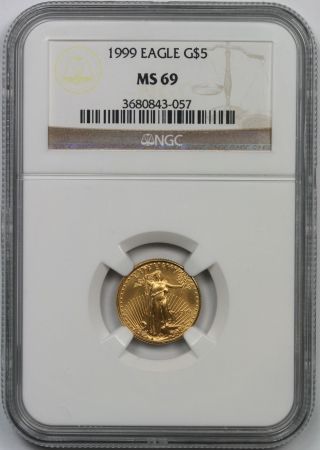 1999 Gold Eagle $5 Tenth - Ounce Ms 69 Ngc 1/10 Oz.  Fine Gold photo