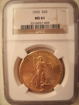 1925 Saint Gaudens 20 Dollar Gold Ngc Ms 61 Coin photo