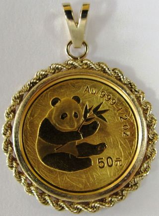 2000 China 1/2 Oz. .  999 Gold Panda 50 Yuan - Mounted In 14k Gold Bezel photo
