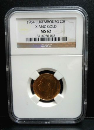 1964 Luxembourg 20 Franks X - M4c Gold Coin Ngc Ms 62 photo