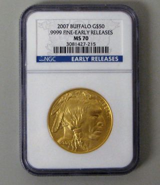 American Buffalo 2007 1 Oz 24kt Pure.  9999 Gold $50 Ngc Ms70 Early Release photo