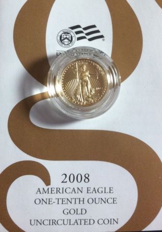 2008 - W 1/10oz Gold $5 Burnished Eagle W/box & photo