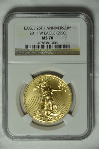 2011 - W $50 Burnished Gold Eagle 25th Anniv.  Ngc Ms70 + Ogp photo