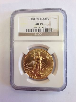 1998 G$50 (1 Oz) Gold Eagle Ngc Ms70.  Graded And Slabbed photo