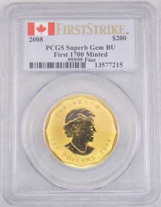 2008 Canada.  99999 Gold Maple Leaf 1 Oz.  $200 Coin Pcgs Gem Bu 1st /1700 photo