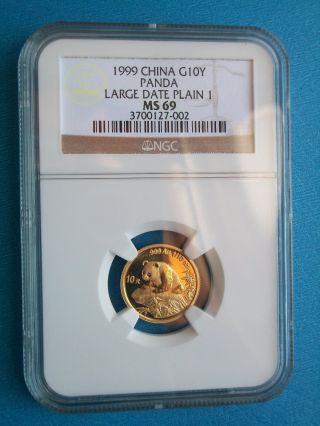 1999 Large Date Gold Chinese Panda 1/10 Oz.  Ngc Ms69 photo