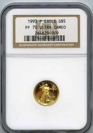 1993 P $5 (1/10 Oz) Gold Eagle Proof 70 Pf70 Ultra Cameo photo