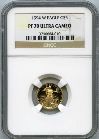 1994 W $5 (1/10 Oz) Gold Eagle Ngc Proof 70 Pf70 Ultra Cameo photo