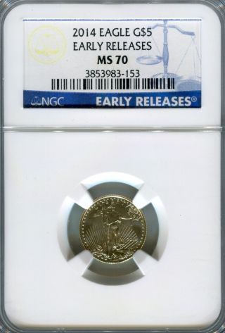 2014 $5 American Gold Eagle 1/10ozt Ms 70 Early Release Ngc Blue Label photo