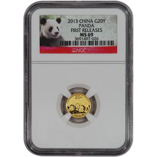 2013 China Gold Panda (1/20 Oz) 20 Yuan - Ngc Ms69 - First Releases - Red Label photo