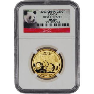 2013 China Gold Panda (1/2 Oz) 200 Yuan - Ngc Ms69 - First Releases - Red Label photo
