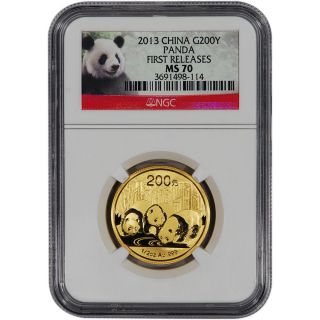 2013 China Gold Panda (1/2 Oz) 200 Yuan - Ngc Ms70 - First Releases - Red Label photo