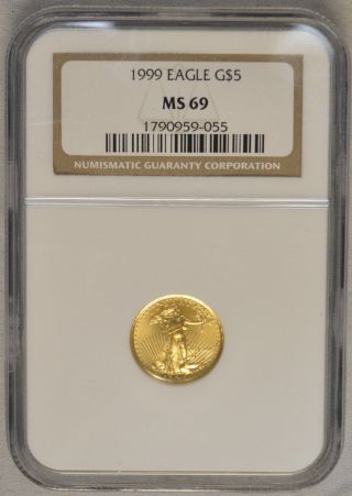 1999 $5 Gold American Eagle 1/10 Fine Oz Ngc - Ms69 photo