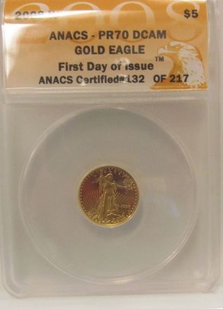 2008 W Anacs Pr 70 Dcam Gold Eagle First Day Of Issue 1/10 Oz. photo