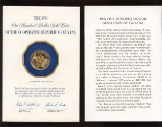 1976 Republic Of Guyana $100 (10th Anniversary) Gold Coin G - G100 photo