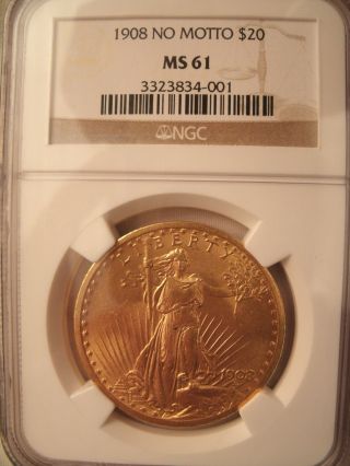 1908 Saint Gaudens No Motto 20 Dollar Gold Ngc Ms 61 Coin photo