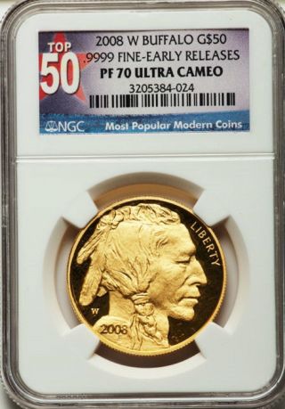 2008 - W American Buffalo $50 Gold.  9999 Fine Pf70 Ultra Cameo Early Releases photo