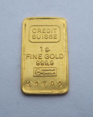 1 Gram 999.  9 Fine Gold 24k Pure Credit Suisse Bar Bullion photo