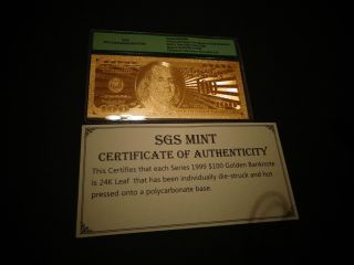 24 Karat 100 Dollar 99.  9% Gold Usa - 1999 - W - And Certificate - Uncirculated photo