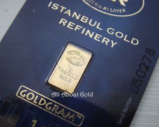 Solid Gold Bar 1 Gram Istanbul Refinery Turkey Goldgram Assay Card & Certificate photo