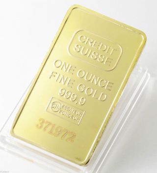 1 Oz 24k.  999 Rare Credit Suisse Pure Solid,  Gold Plated Bullion Bar Ingot photo