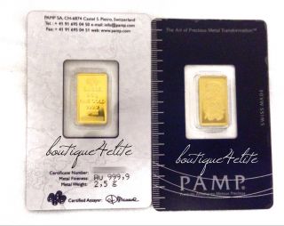 2.  5 Gram 24k 999.  9 Pamp Gold Bar In Assay Card With Certificate photo