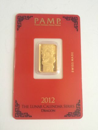 2012 Year Of The Dragon 5 Gram Pamp Suisse Gold Bar (w/ Assay). photo