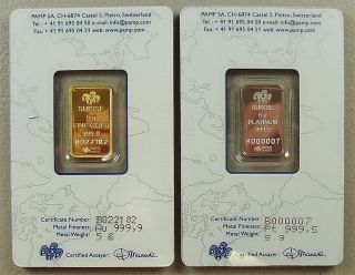 5 Gram Pamp Suisse Gold Bar & 5 Gram Pamp Suisse Platinum Bar photo