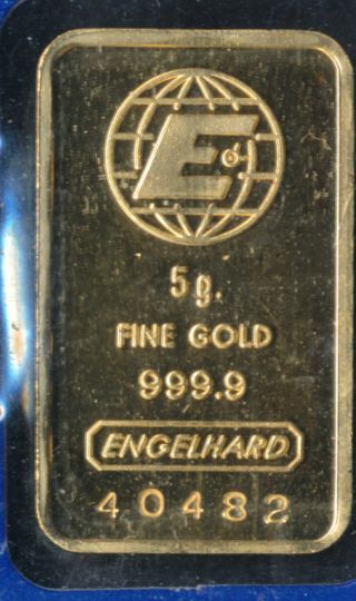 5 Gram Gold Bar Engelhard Assay Number Cert In Plastic.  9999 Gold Bar photo