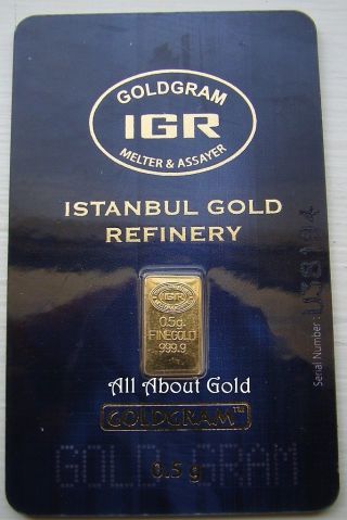 Solid Gold Bar 0.  5 Gram Istanbul Refinery Turkey Goldgram Assay Card Certificate photo