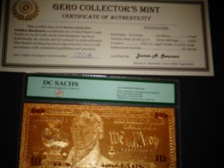 24 Karat 99.  9% 6 Gr Gold 2009 Usa $10 Dollar Bill And Certificate - Unc photo