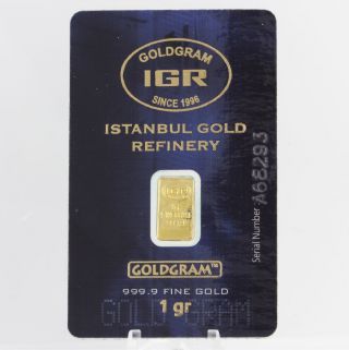 Gold Bar 1 Gr 999.  9 Pure Fine Investment Collectible Istanbul Gold Refinery Igr photo