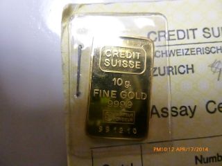 10 Gram Credit Suisse Gold Bar.  9999 Fine (with Assay) photo