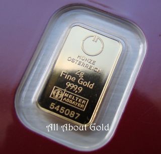 Solid Gold Bar 2 (two) Grams Austrian Austria Assay Card &.  9999 Pure Bu photo