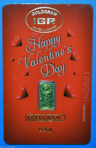 Happy Valentine ' S Day 1/2 Gram Fine Gold Bar.  9999 Certified (in Assay) photo