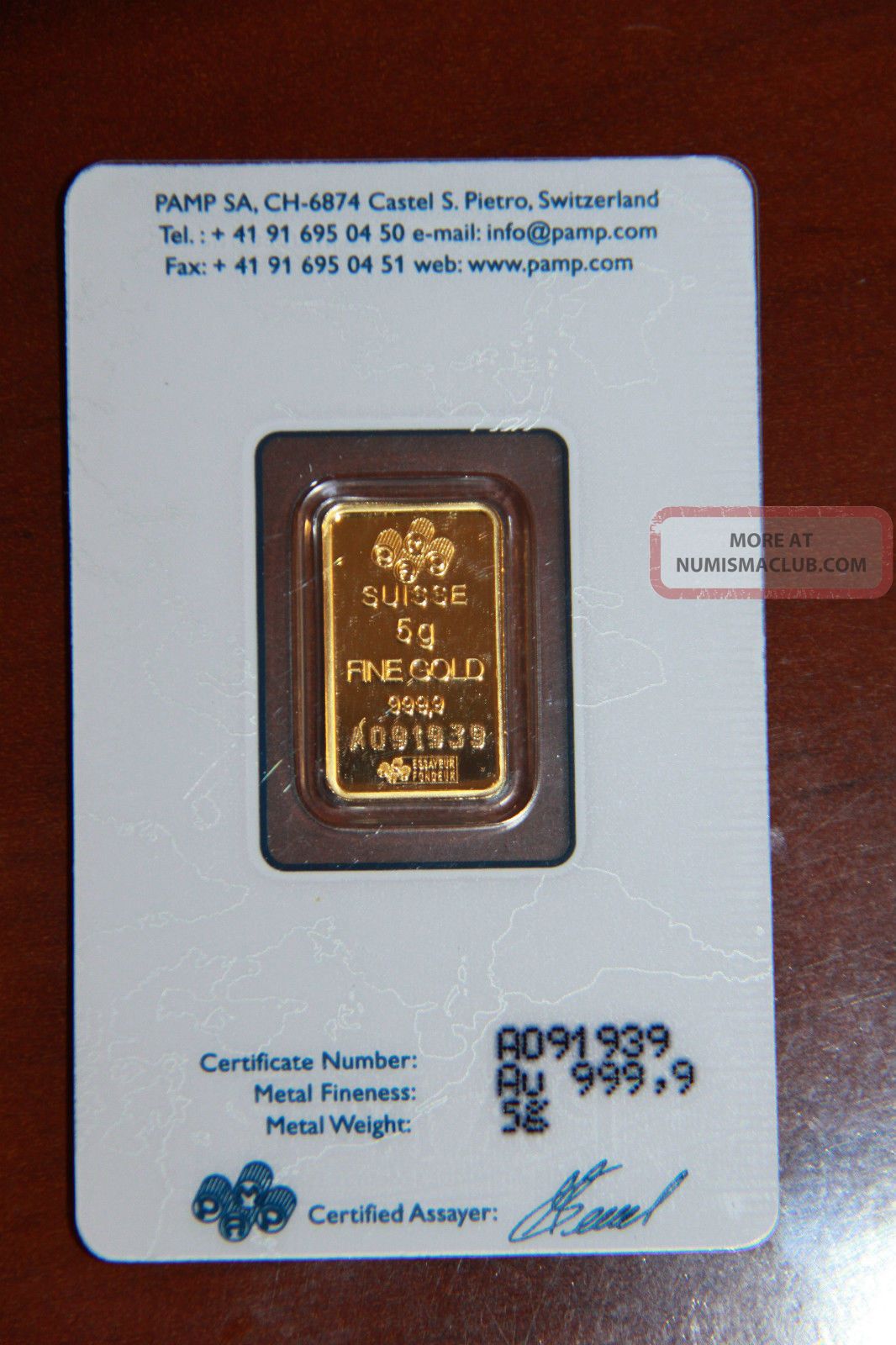 Pamp Suisse 5 Gram Gold Bar 9999 Pure With Assay Certificate
