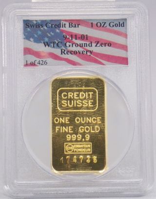 Credit Suisse Bullion Bar 1 Oz 999.  9 Gold Pcgs Wtc Ground Zero Recovery photo